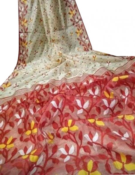 White, red and Yellow dhakai jamdani saree without blouse piece